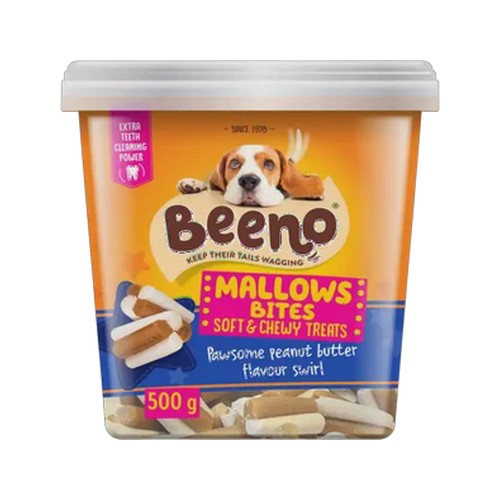 beeno pawsome peanut butter flavour mallows bites dog treats 500g