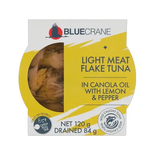 blue crane light meat flake tuna in canola oil with lemon & pepper 120g