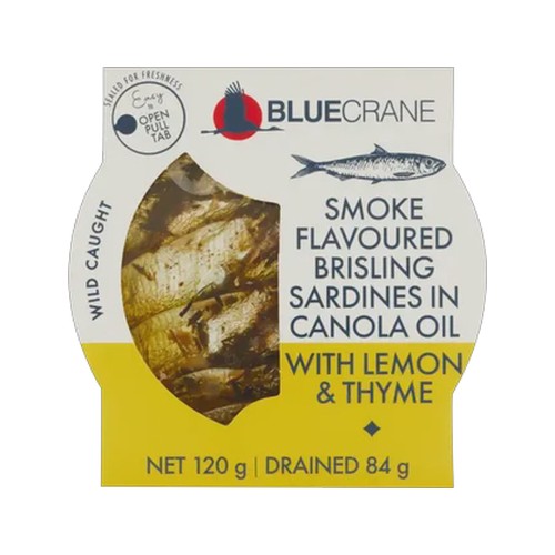 blue crane smoke flavoured brisling sardines in canola oil with lemon & thyme 120g