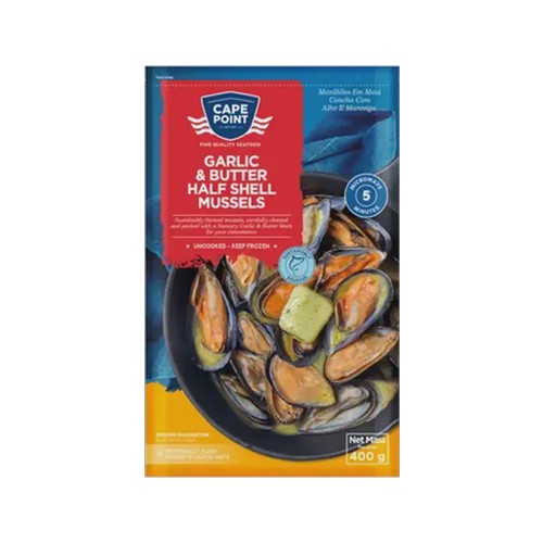 cape point frozen garlic & butter half shell mussels 400g