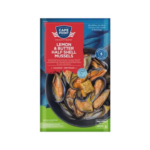 cape point frozen lemon & butter half shell mussels 400g