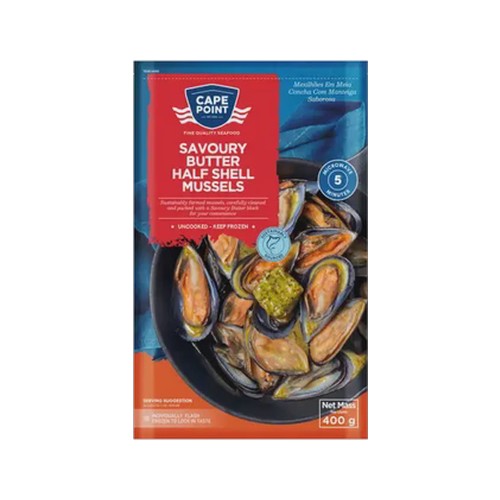 cape point frozen savoury butter half shell mussels 400g