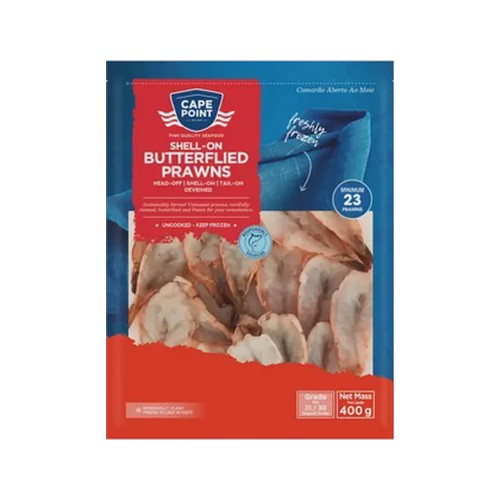 cape point frozen shell-on butterflied prawns 400g