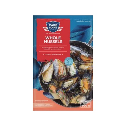 cape point frozen whole mussels 400g