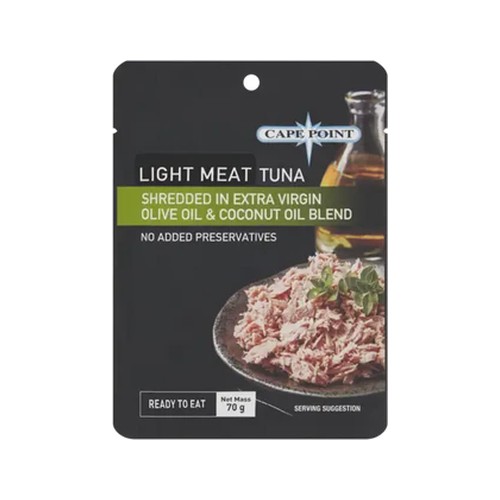 cape point light meat tuna shredded in extra virgin olive oil & coconut oil blend 70g