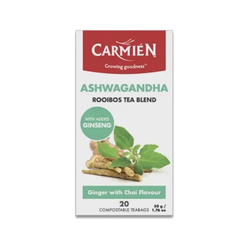carmien ginger with chai flavour ashwagandha rooibos tea blend with ginseng 20-pack