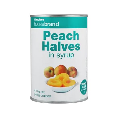 checkers housebrand peach halves in syrup 410g
