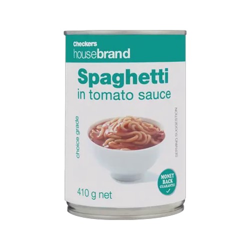 checkers housebrand spaghetti in tomato sauce 410g