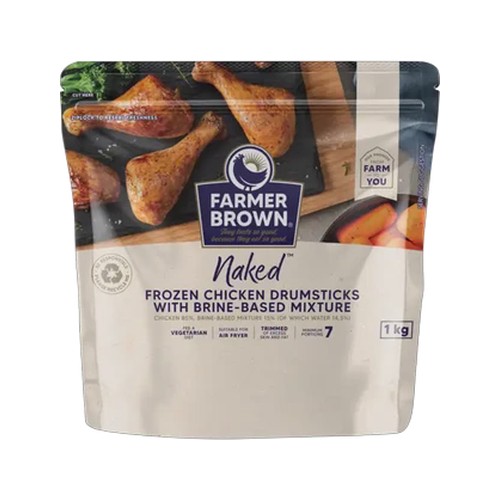 farmer brown naked frozen chicken drumsticks with brine-based mixture 1kg