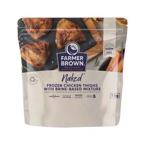 farmer brown naked frozen chicken thighs with brine-based mixture 1kg