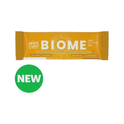 happy culture banana & peanut butter flavoured dark chocolate biome bar 50g