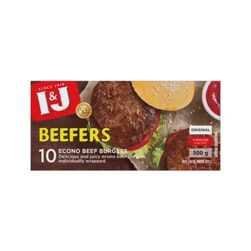 i&j beefers original frozen econo beef burgers 500g
