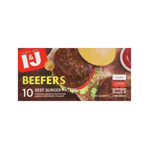 I&J Frozen Beefers Classic Beef Burger Patties 500g