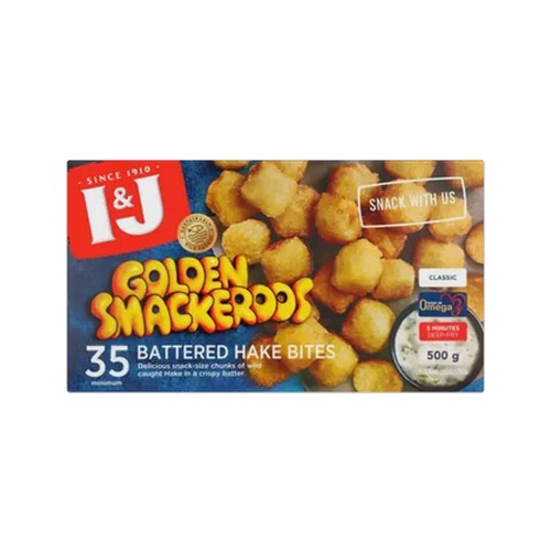 i&j frozen golden smackeroos classic battered hake bites 35 pack 500g