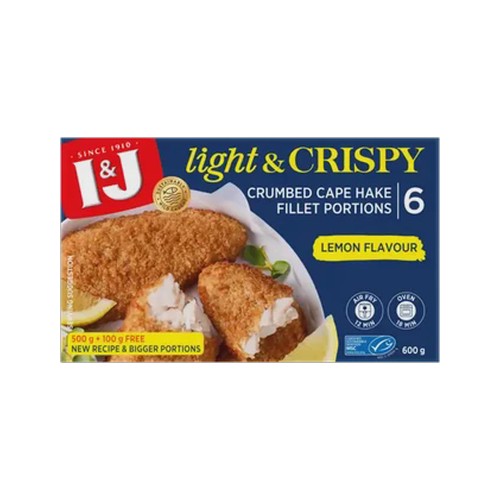 i&j light & crispy lemon flavour frozen crumbed cape hake fillet portions 600g