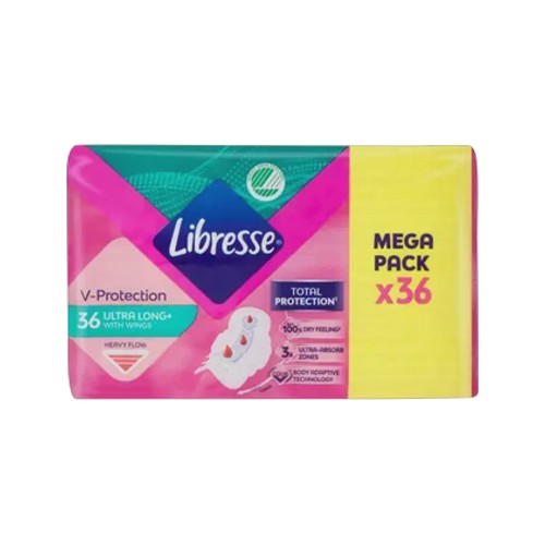 libresse v-protection heavy flow ultra long sanitary pads with wings 36 pack