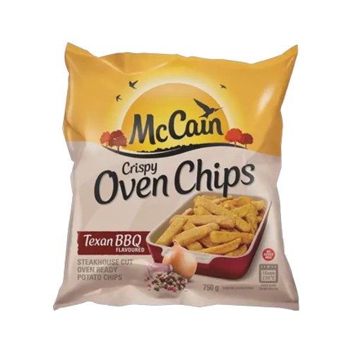 mccain frozen steakhouse cut texan bbq flavoured crispy oven potato chips 750g