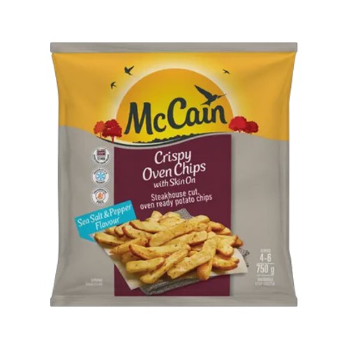mccain sea salt & pepper flavour frozen steakhouse cut oven chips with skin on 750g