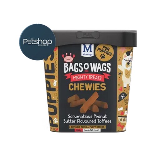 montego bags o wags peanut butter flavoured toffee puppy chewies 350g