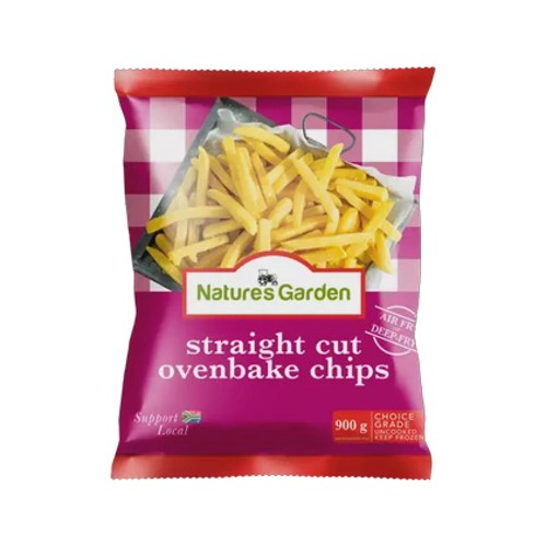 natures garden frozen straight cut ovenbake chips 900g