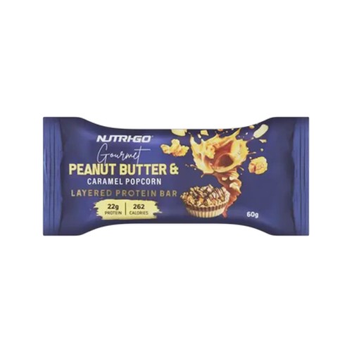 nutri-go peanut butter & caramel popcorn gourmet layered protein bar 60g
