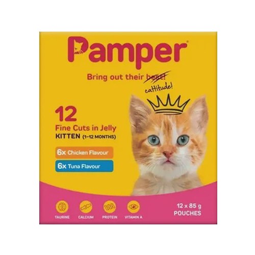 Pamper Assorted Kitten Wet Cat Food Fine Cuts in Jelly 12 x 85g