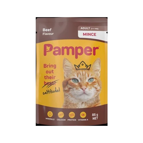 Pamper Beef Flavoured Minced Adult Cat Food Pouch 85g