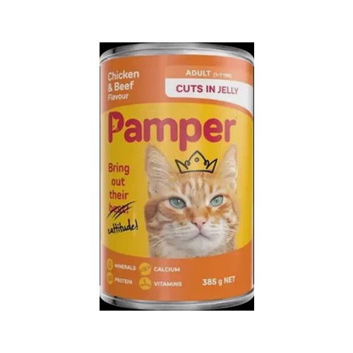 Pamper Chicken & Beef Flavour Adult Wet Cat Food Cuts In Jelly 385g