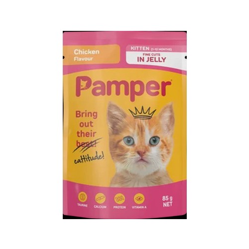 Pamper Chicken Flavoured Kitten Cat Food In Jelly Pouch 85g