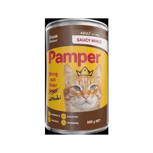 Pamper Saucy Mince Steak Flavoured Cat Food Can 385g