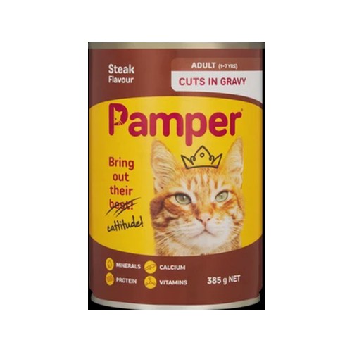 Pamper Steak Flavoured Cuts In Gravy Cat Food Can 385g