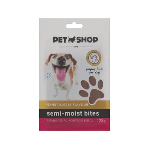 petshop peanut butter flavour semi-moist dog treat bites 120g