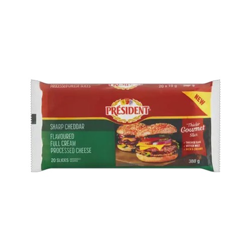 president sharp cheddar flavoured full cream processed cheese slices 20 x 19g