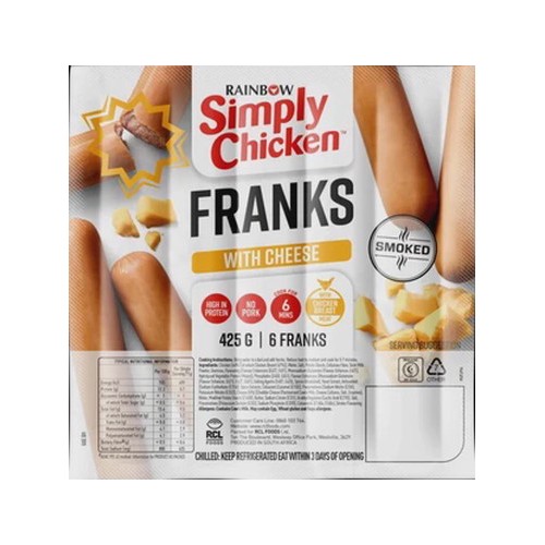 RAINBOW Simply Chicken Cheese Frankfurters 425g