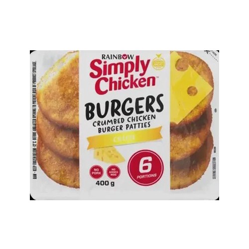 RAINBOW Simply Chicken Frozen Cheese Crumbed Chicken Burger Patties 6 Pack