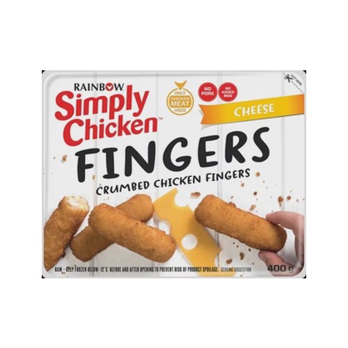 RAINBOW Simply Chicken Frozen Crumbed Cheese Chicken Fingers 400g