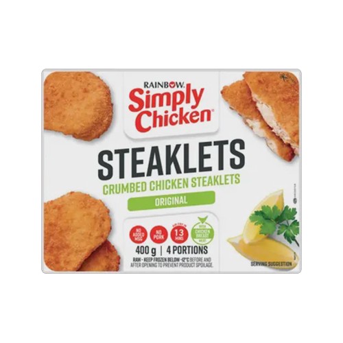 rainbow simply chicken frozen original crumbed chicken steaklets 400g