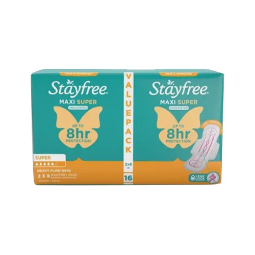 stayfree maxi super unscented sanitary pads with wings 16-pack