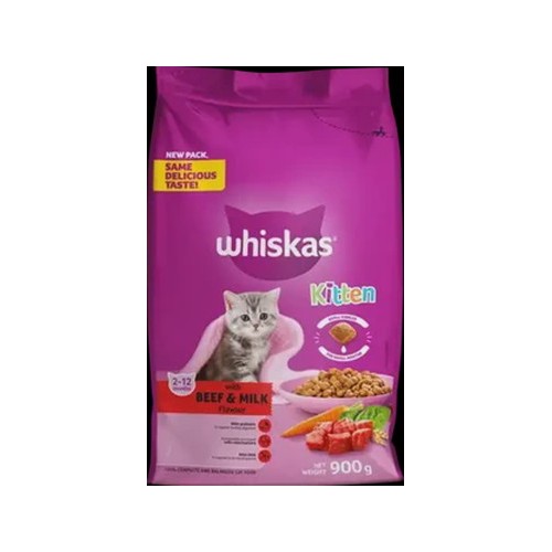 Whiskas Beef & Milk Flavoured Kitten Dry Cat Food 900g