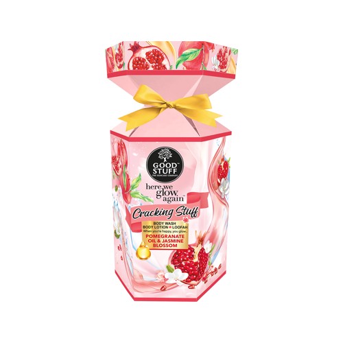 Good Stuff Here We Glow Again Cracking Stuff Giftset with Pomegranate Jasmine Bodywash and Body Lotion Plus a Loofah