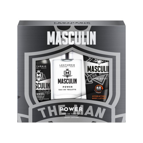 Lentheric Masculin Power Eau De Toilette 100ml Plus a Deodorant Spray 150ml and Body Lotion 250ml