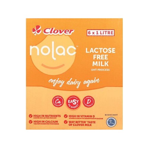 clover nolac uht lactose free milk 6 x 1l