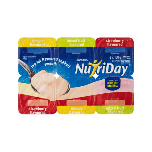 danone nutriday low fat smooth strawberry mixed fruit & banana yoghurt 6 x 100g