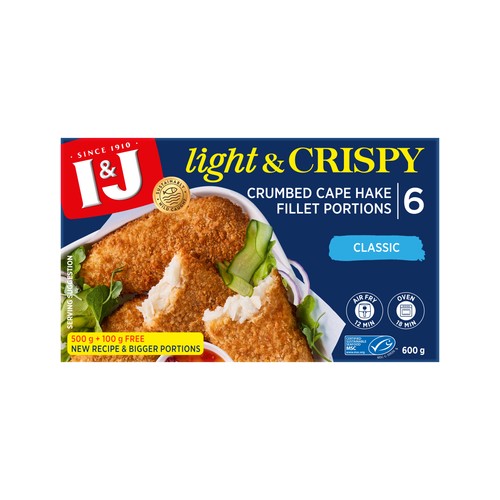 i&j light & crispy classic crumbed cape hake portions 600g