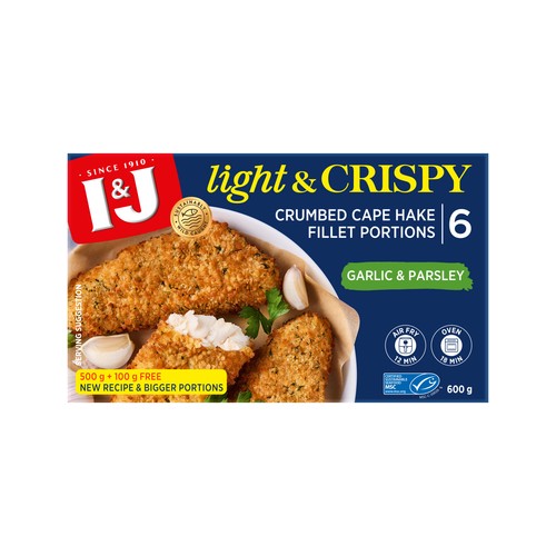 I&j Light & Crispy Garlic & Parsley Crumbed Cape Hake Portions 600g