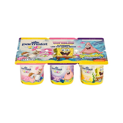 parmalat kids strawberry split grape bubblegum & banana fudge flavoured low fat dairy snack 6 x 100g