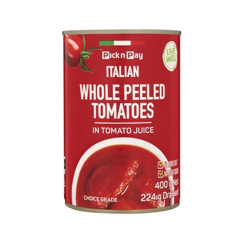 pnp live well whole peeled tomatoes 400g