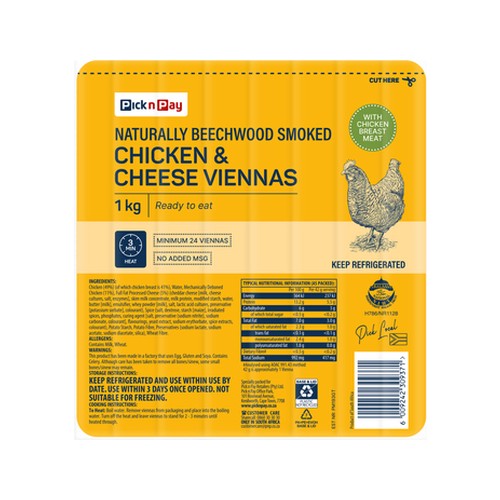 pnp naturally beechwood smoked chicken & cheese viennas 1kg