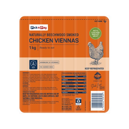 pnp naturally beechwood smoked chicken viennas 1kg