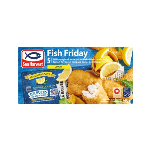 sea harvest frozen fish friday lemon flavour battered hake fillets 600g